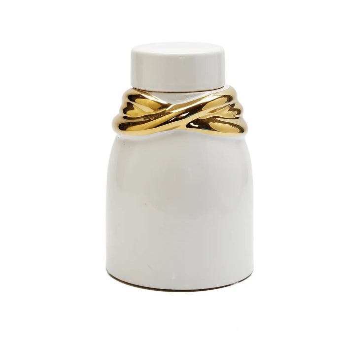 White Ceramic Jar with Lid and Gold Details