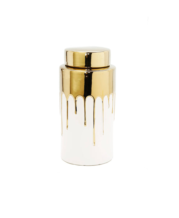 Short White Jar with Gold Cover and Drip Design