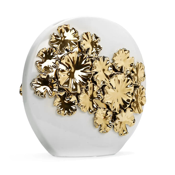 12" White Round Ceramic Vase Gold Flower Design