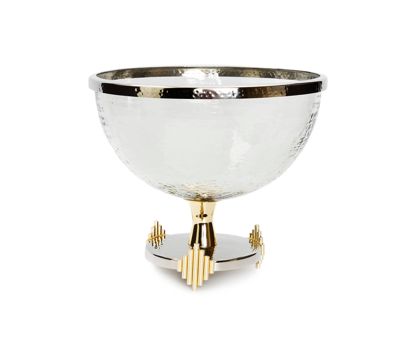 Stainless Steel Footed Glass Bowl w/ Gold Symmetrical Design