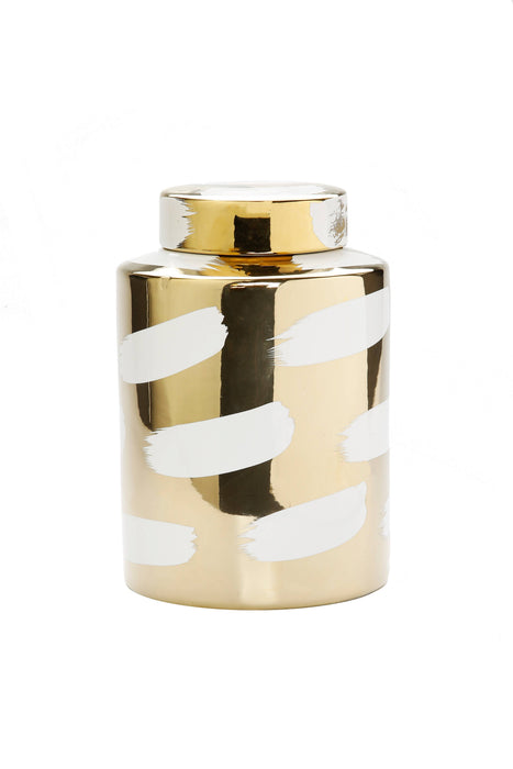 Gold Porcelain Jar with Cover White Brush Design