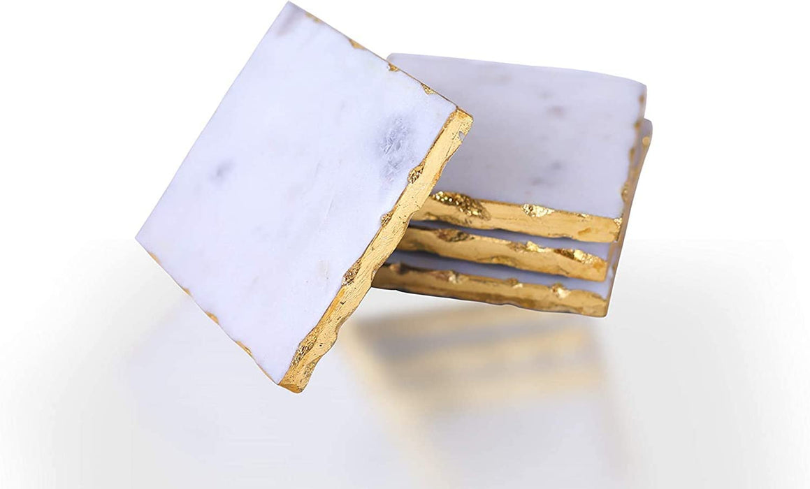 White Marble-Square Coasters with Gold Foiling Set of 4