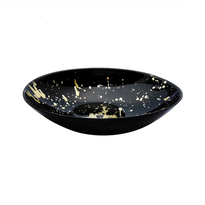 12.5" Black Oval Shaped Bowl with Splashy Gold Design