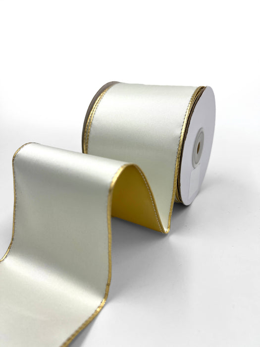 3" Ivory Satin Reversible Gold Metallic Wired Ribbon