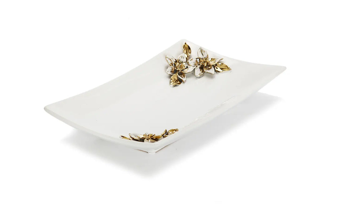 Porcelain Tray with Gold and White Flower on Handles
