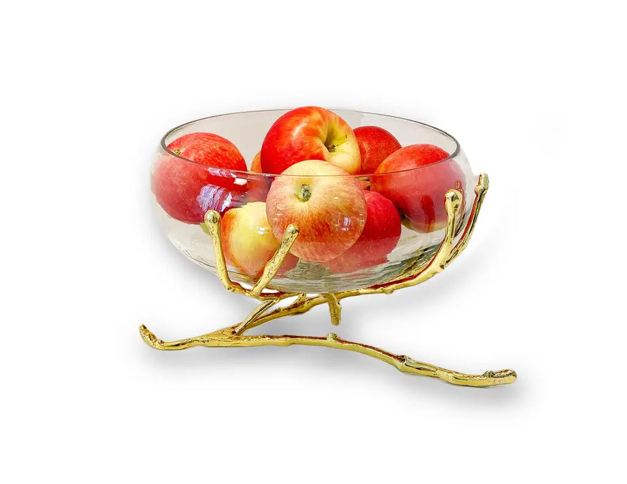 11"D Glass Bowl With Gold Twig Base