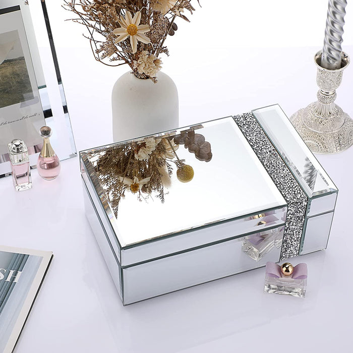 Glass Jewelry Box Silver Mirrored Trinket Organizer Treasure Chest Box Storage Decorative Box