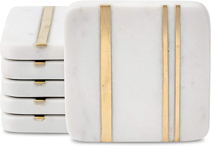 Set of 6 Handcrafted Modern Marble Coasters with Gold Brass Inlay