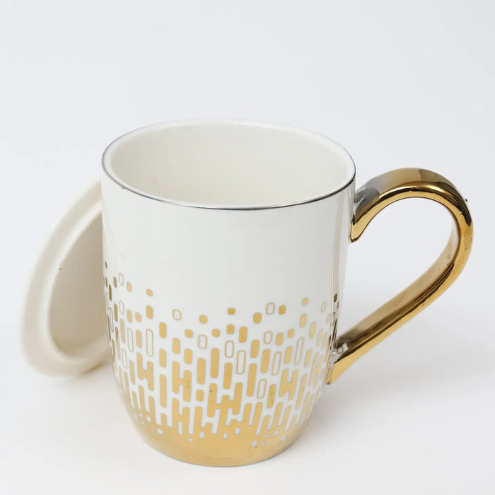 White and Gold Design Mug with Gold Handle and White Cover