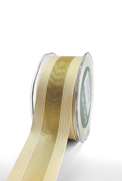 1.5" Sheer Gold Metallic Ivory Stripes Wired Ribbon