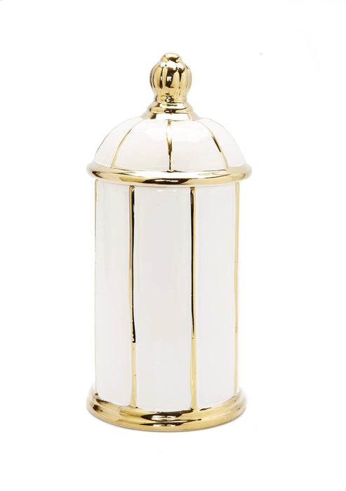 White Jar with Round Dome Cover Thin Gold Stripe Design 12"H