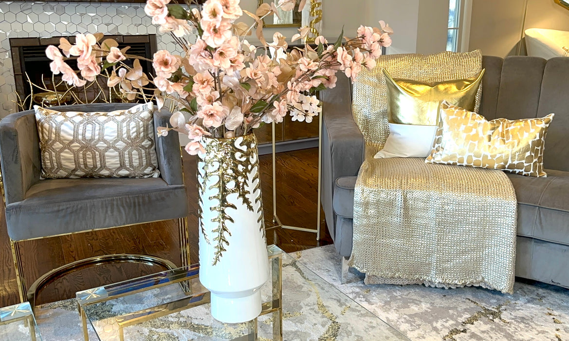 Gold Vase and throw and pillows
