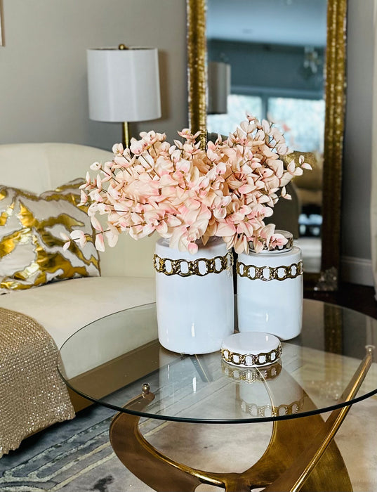 White Jar with Cover Gold Design on Top