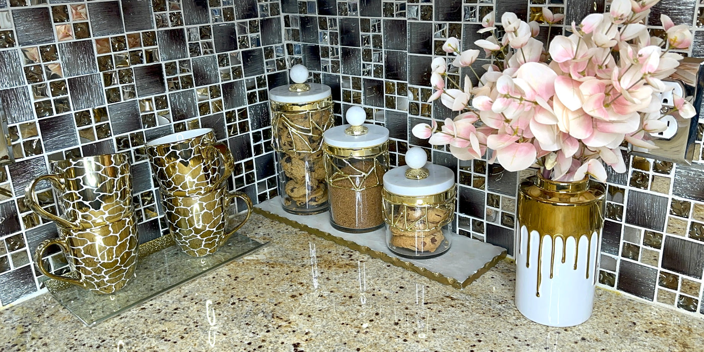 Glass Canister Gold Mesh Design, Marble Lid