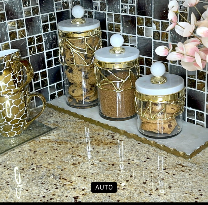 Glass Canister Gold Mesh Design, Marble Lid