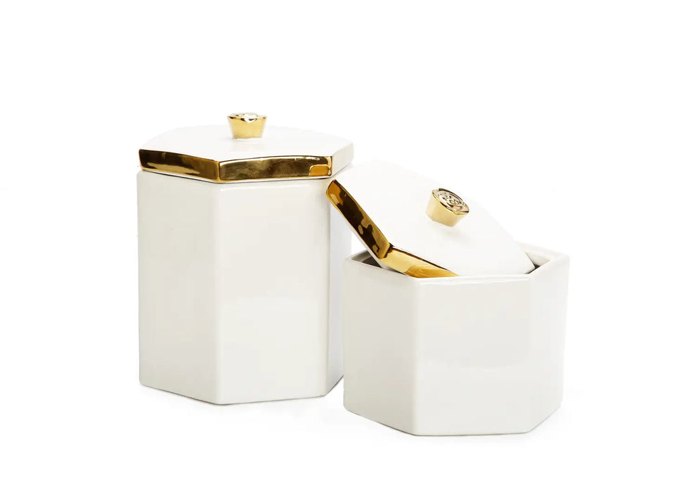 White Hexagon Shaped Box with Gold Flower Knob on Cover