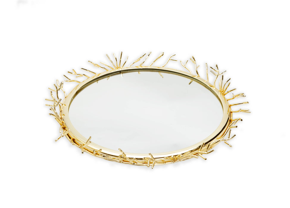 Decorative Round Mirror Tray with Gold Design Border
