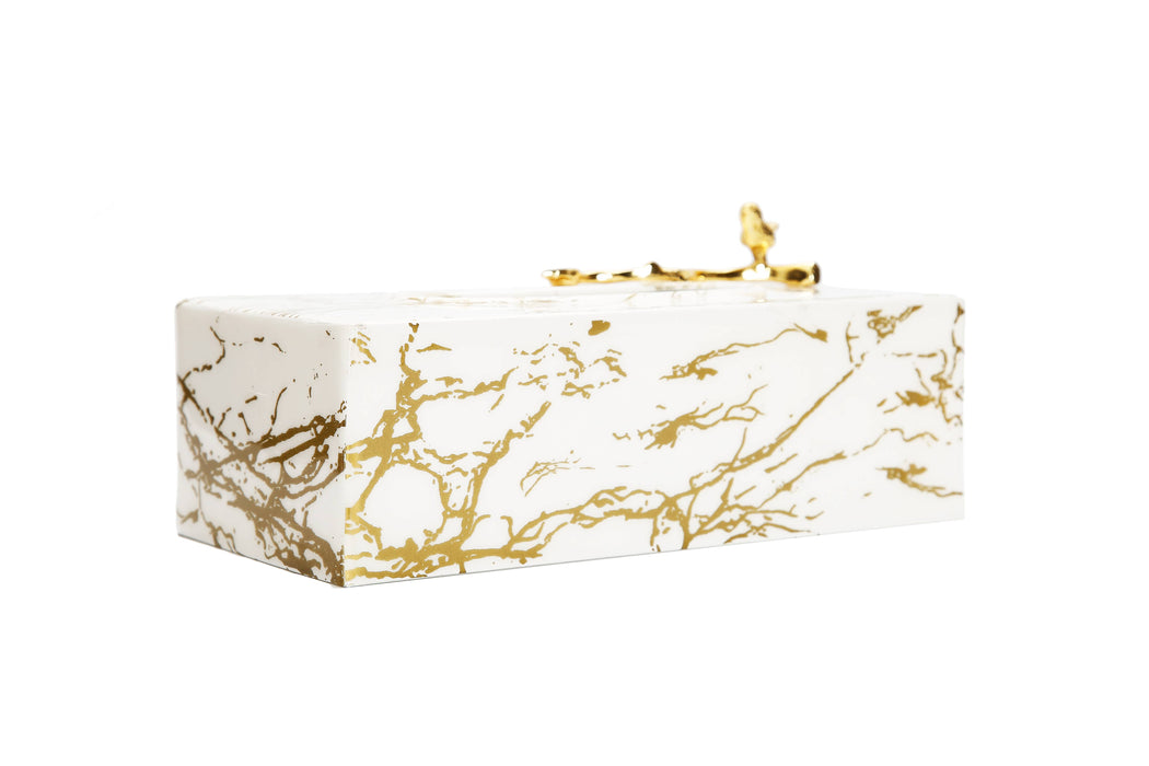 White and Gold Marble Tissue Box with Gold Leaf Design