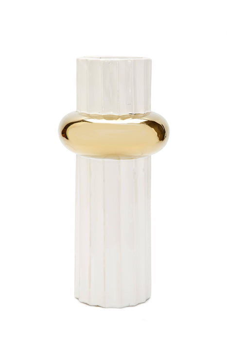 White Ripple Design Vase with Gold Ring 12"