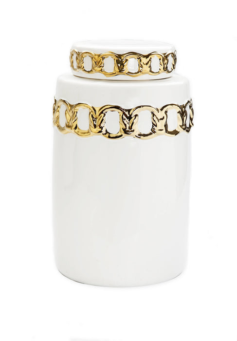 White Jar with Cover Gold Design on Top