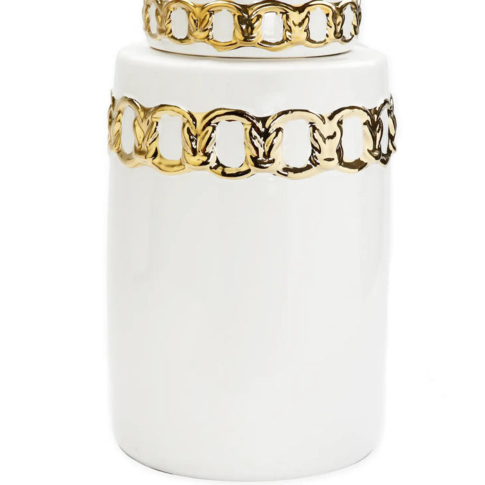 White Jar with Cover Gold Design on Top