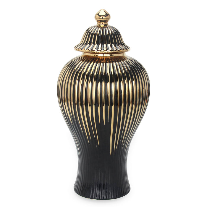 Black Ceramic Ginger Jar Vase with Gold Accent