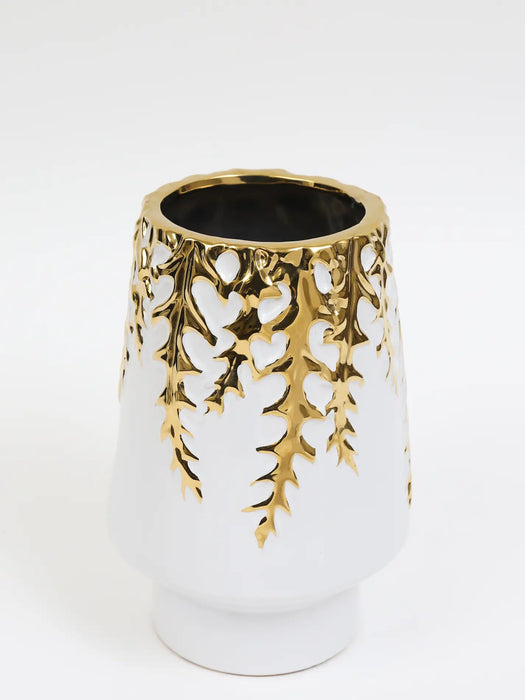 9"H White Ceramic Vase Gold Design